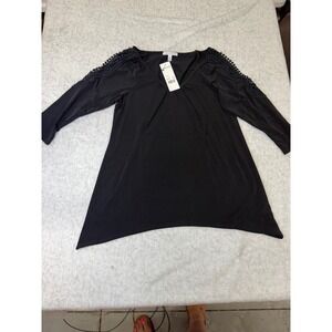Notations Black Crochet Lace Shoulder V-Neck Sharkbite Tunic Blouse 3/4 sleeve S